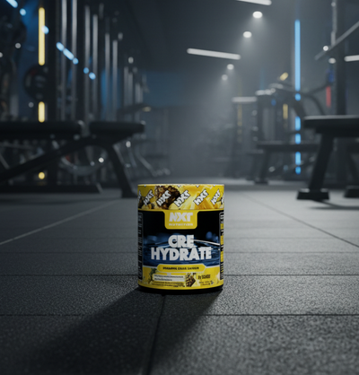 Container labeled 'CRE Hydrate' on a gym floor with equipment in the background
