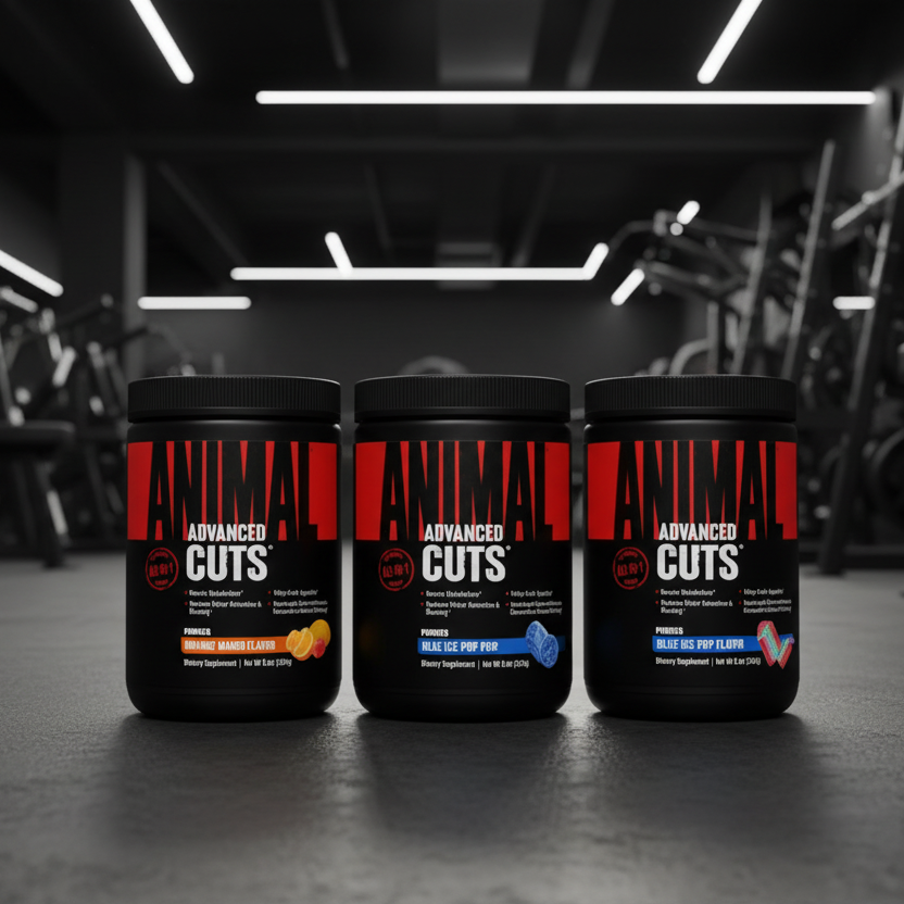 Three 'Animal Cuts' supplement containers on a gym floor.