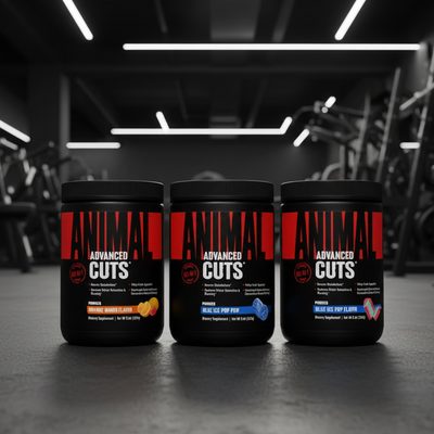 Three 'Animal Cuts' supplement containers on a gym floor.