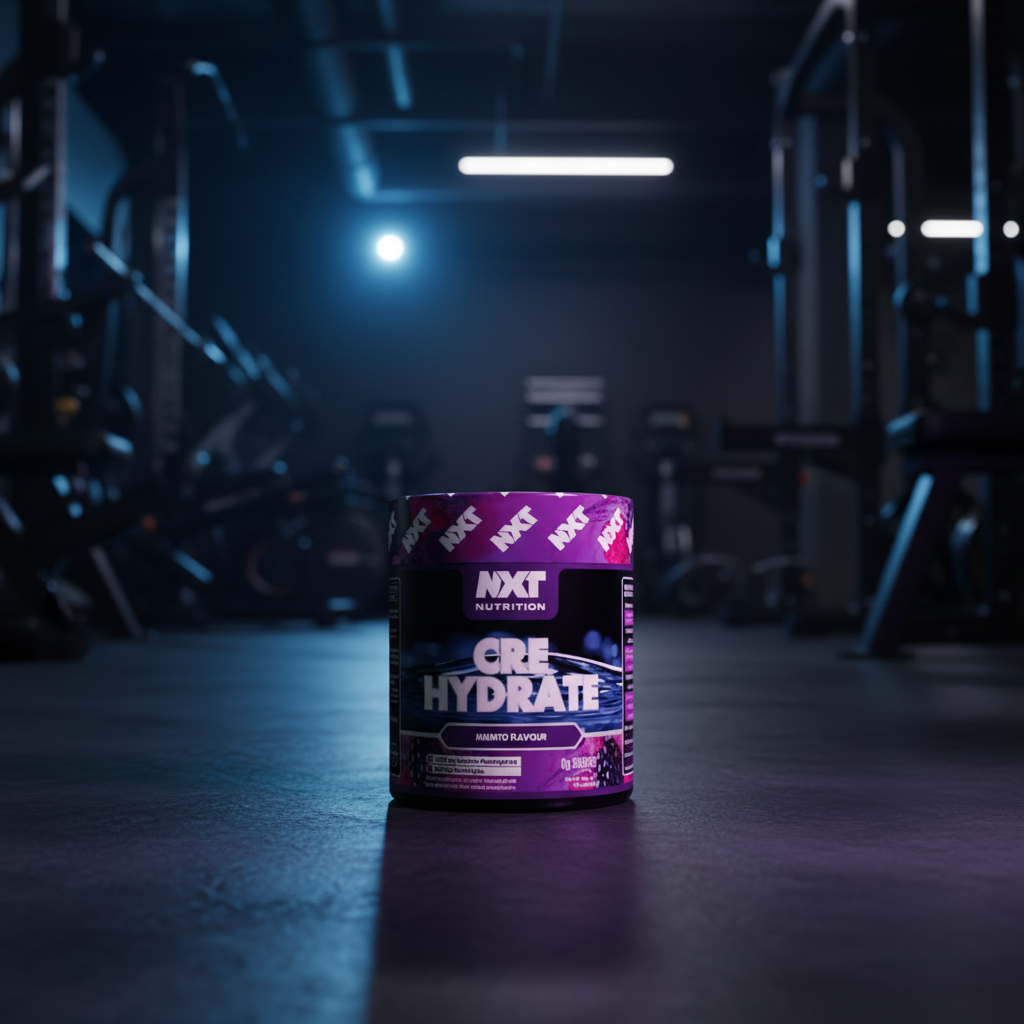 Purple supplement container labeled 'NXT Nutrition Core Hydrate' in a gym setting