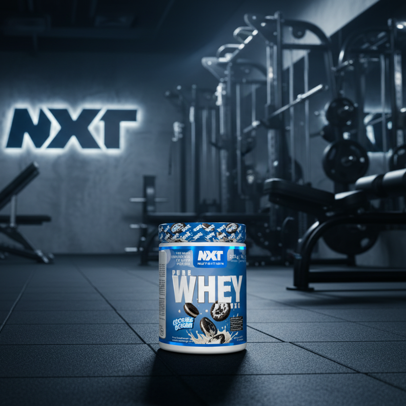 NXT Whey protein container in a gym setting with 'NXT' branding.