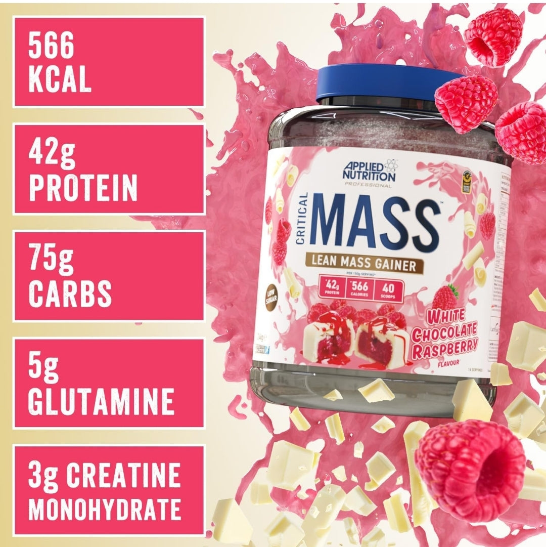 Applied Nutrition Critical Mass Protein Powder, High Calorie Weight Gainer, Lean Mass (2.4kg - 16 Servings) White Chocolate Raspberry Flavour