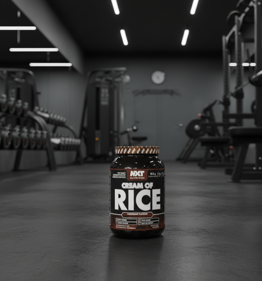 NXT Nutrition Cream of Rice chocolate flavour supplement container on a white background