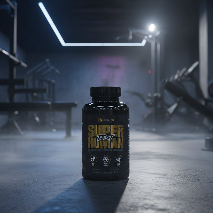 Black supplement bottle labeled 'Super Human' with Alpha Lion branding on a gym background
