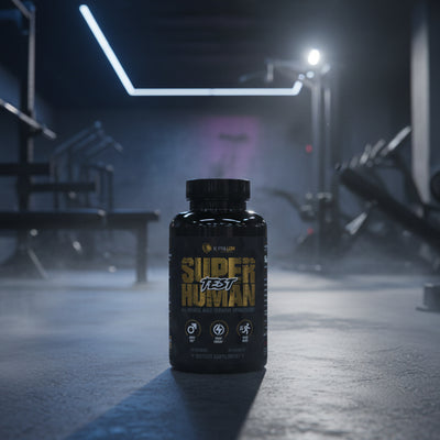 Black supplement bottle labeled 'Super Human' with Alpha Lion branding on a gym background