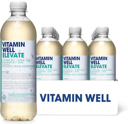 Vitamin Well, Flavoured water Packed with Vitamin C, D, Zinc, Biotin, Low Calorie – 12 x 500ml (Elevate) Pineaple & Wild Strawberry Flavour