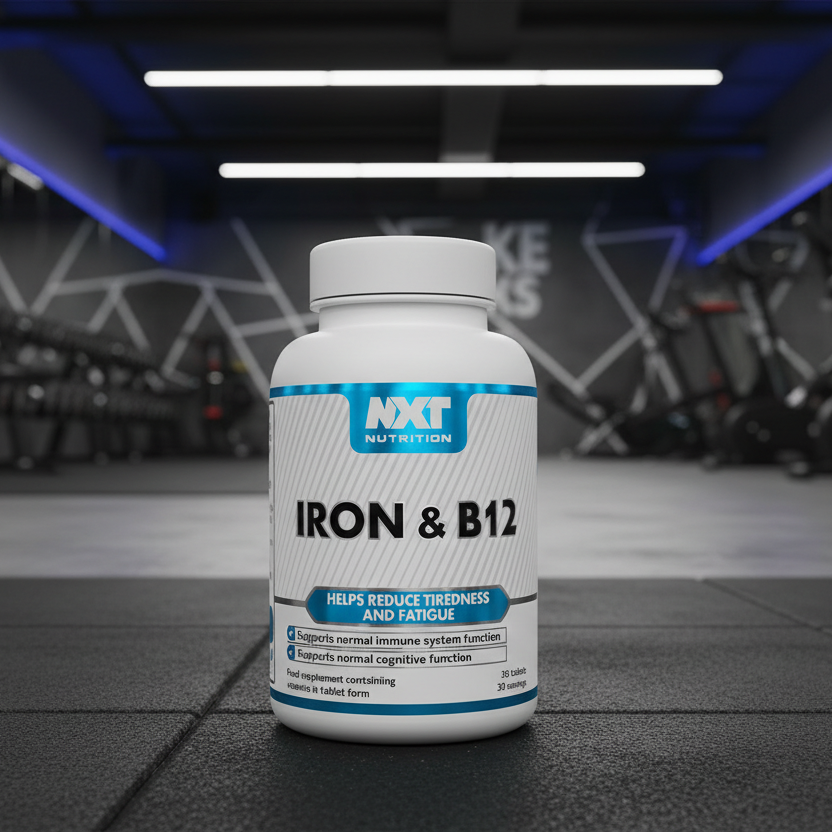 NXT Nutrition Iron & B12 supplement bottle on a gym background