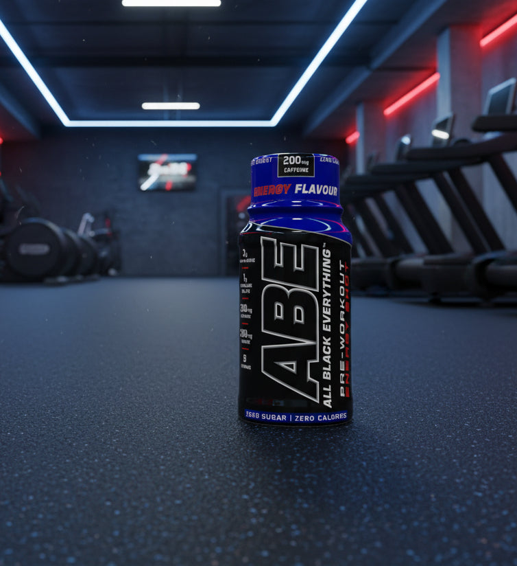 ABE All Black Everything energy drink bottle on a gym background