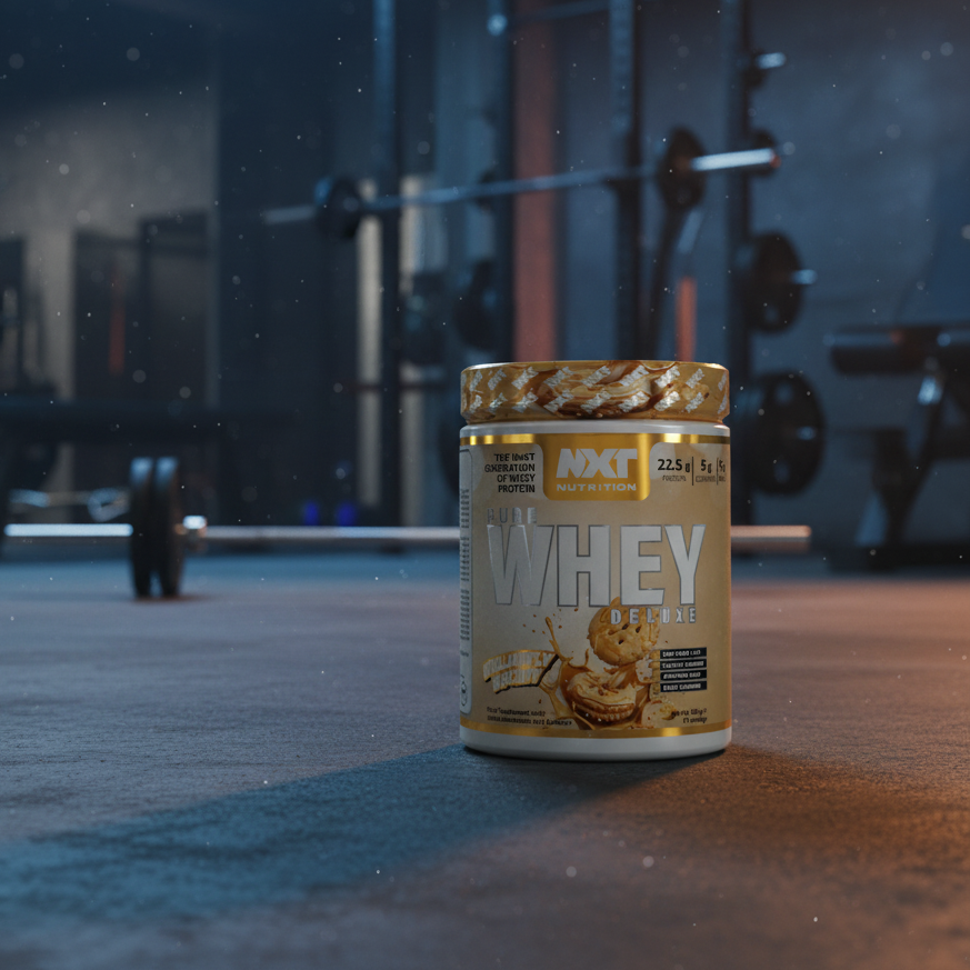 Whey protein supplement container on a snowy street at night