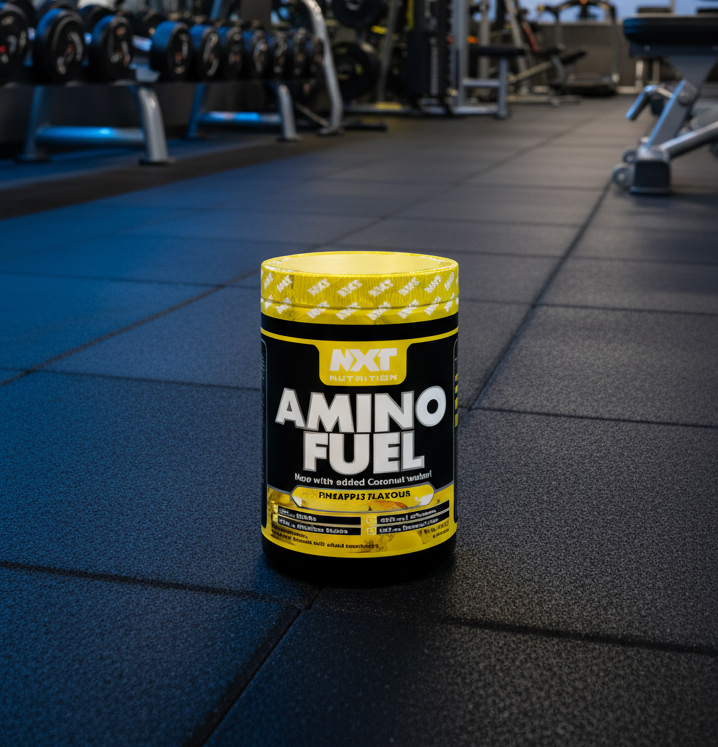Container of NXT Amino Fuel on a gym floor with gym equipment in the background