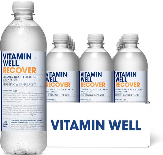 Vitamin Well, Flavoured water Packed with Vitamin C, D, Zinc, Biotin, Low Calorie – 12 x 500ml (Recover)Elderflower & Peach Flavour