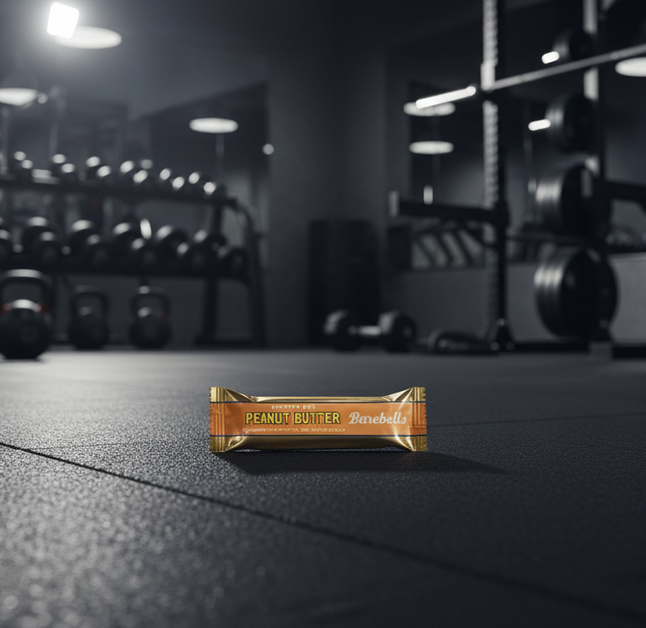 Protein bar with 'Peanut Butter' flavor on a gym background