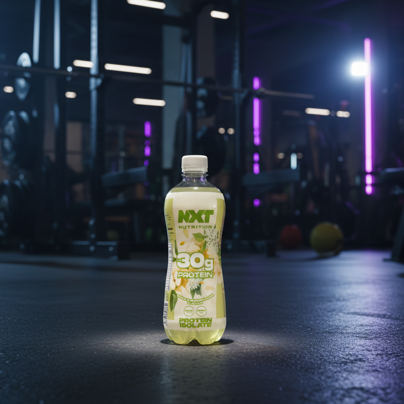NXT Nutrition protein supplement bottle in a gym setting
