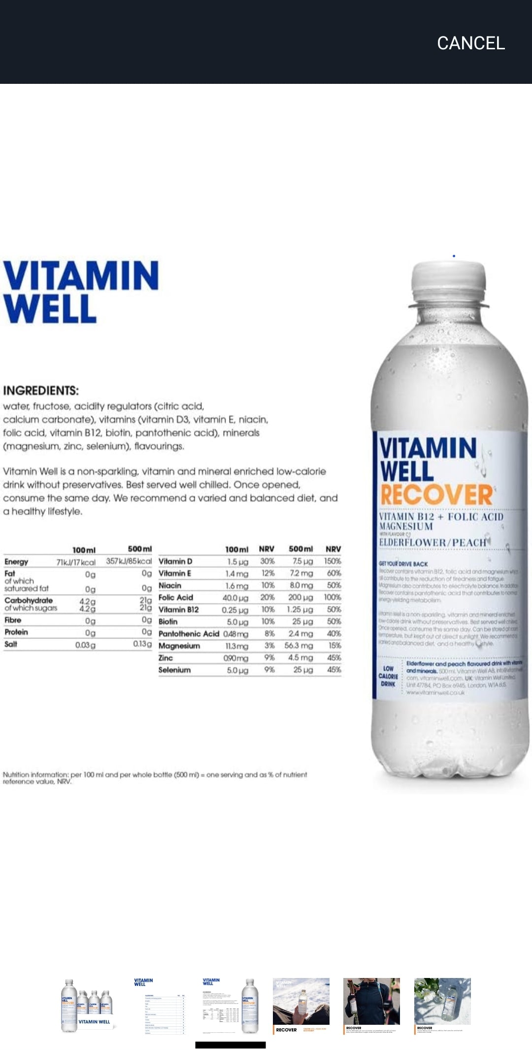 Vitamin Well, Flavoured water Packed with Vitamin C, D, Zinc, Biotin, Low Calorie – 12 x 500ml (Recover)Elderflower & Peach Flavour