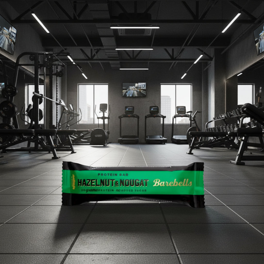 Barebells Hazelnut & Nougat protein bar packaging on a gym background