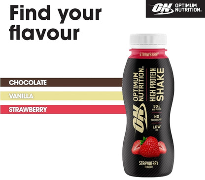 Optimum Nutrition High Protein Shake Bottles, Ready to Drink Low Fat 12x 500ml Strawberry Flavour