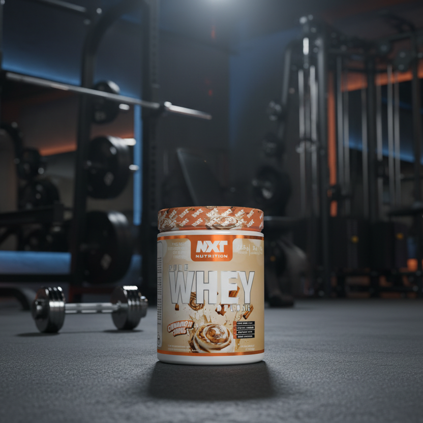 Whey protein container on a gym floor with equipment in the background