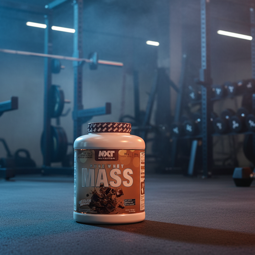 Supplement container labeled 'Pure Whey Mass' in a gym setting