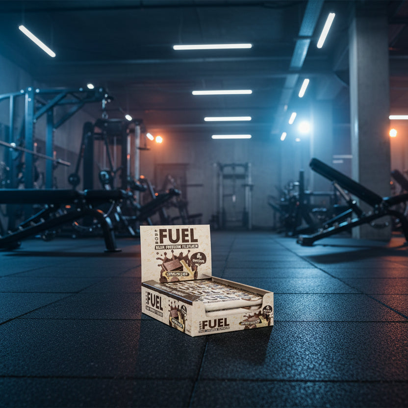 Box of applied nutrition body Fuel protein bars on a gym floor