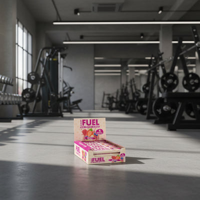 Box of applied nutrition body Fuel protein bars with a pink and white design 