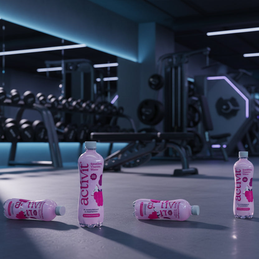 Pink bottles of Activia yogurt drink on a gym floor with fitness equipment in the background