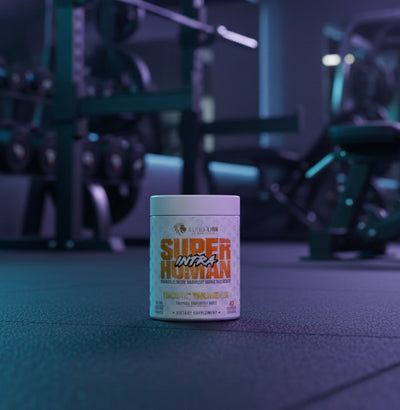 Supplement container labeled 'Super Intra Human' on a gym floor with equipment in the background