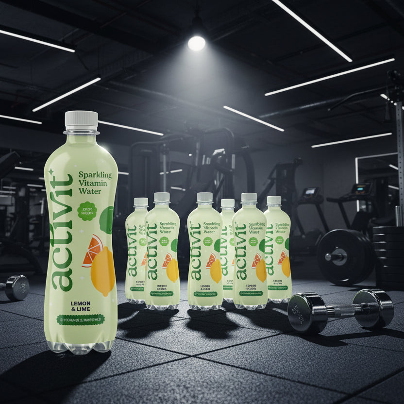 Activit sparkling vitamin water bottles in a gym setting