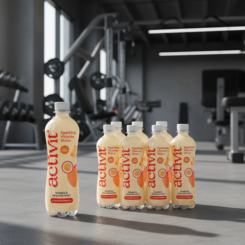 Activit sparkling vitamin water bottles with mango & passion fruit flavor on a white background