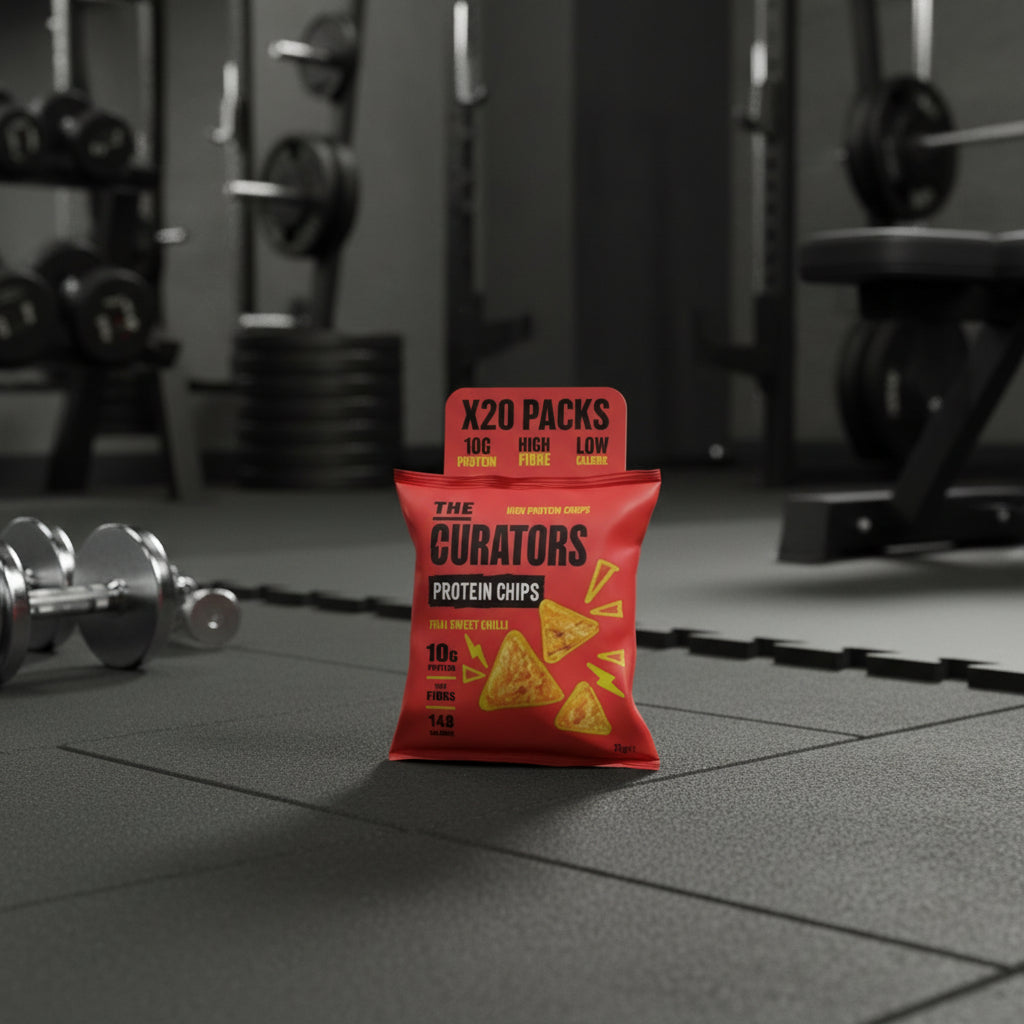 Red package of 'The Curators' protein chips with text on a red background