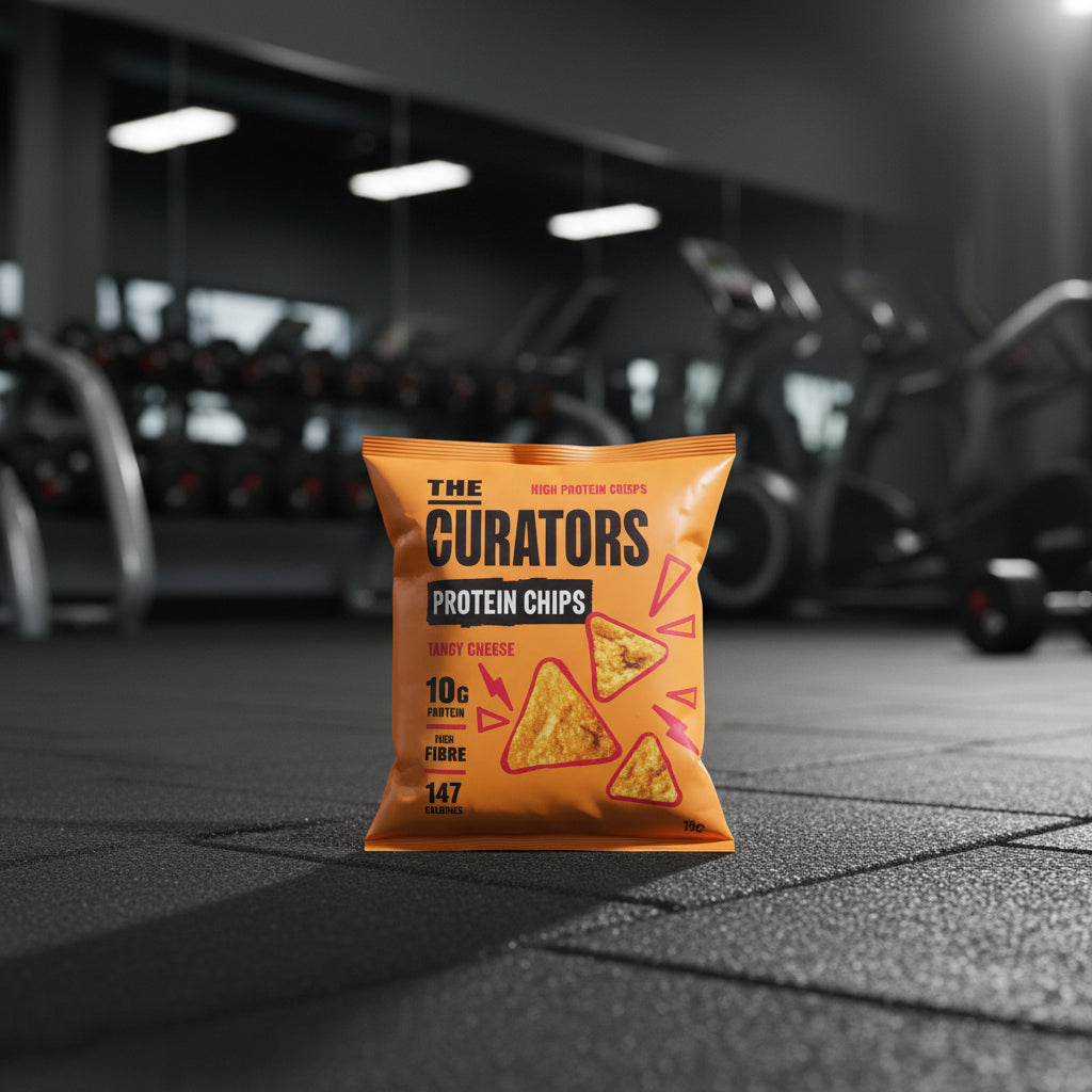 Orange package of 'The Curators Protein Chips' on a gym floor.