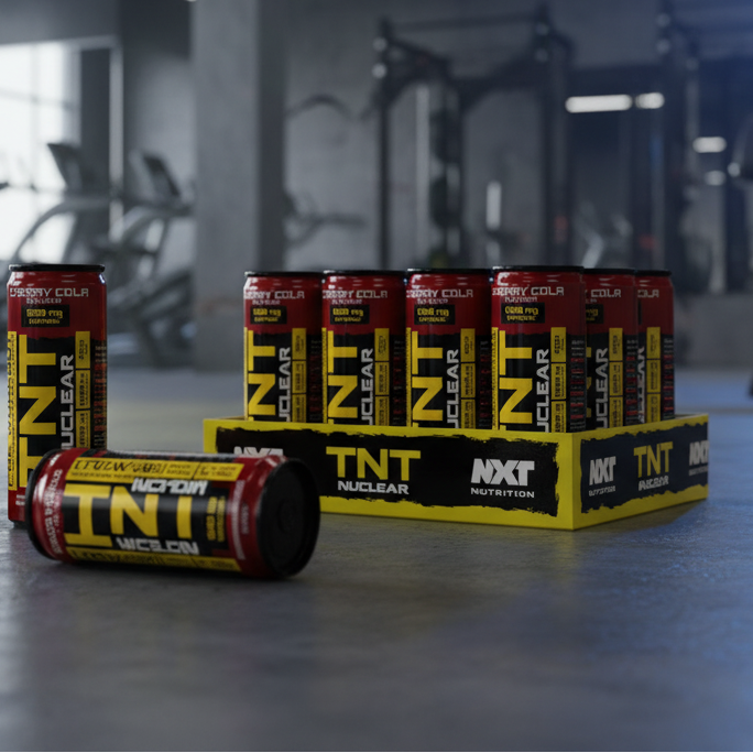 Supplement products including cans and boxes with 'TNT' branding on a blurred gym background.