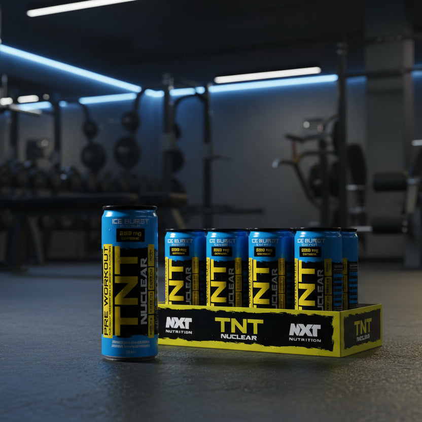 NXT and TNT nutrition cans in a gym setting